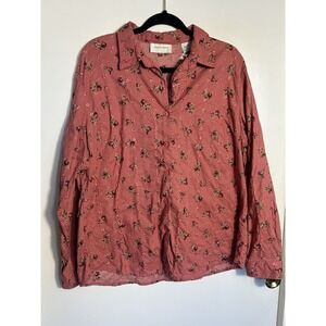 Lemon Grass XL Pink Floral Blouse Cotton Eyelet Embroidered Button Down Vintage